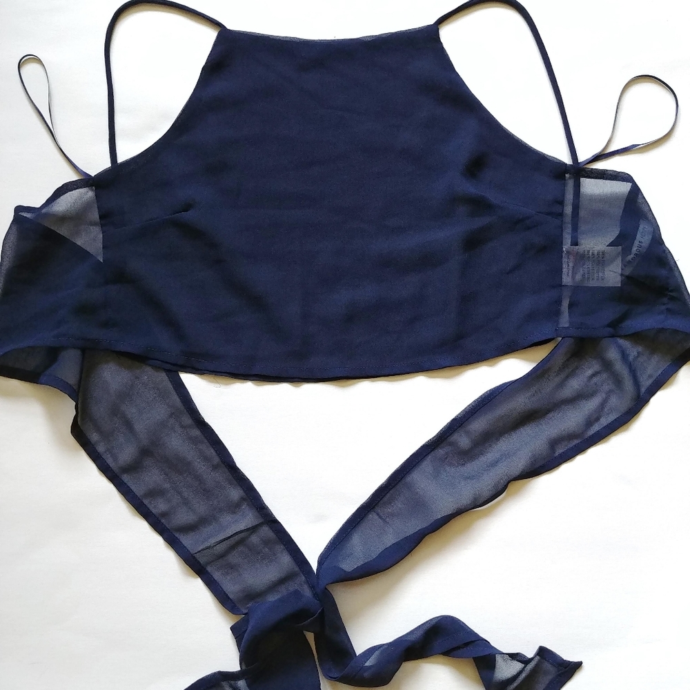 Size 6 (small) Dark Blue Sheer Tie Up Crop Top